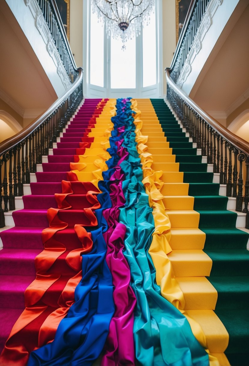 Vibrant gowns in bold colors cascading down a grand staircase