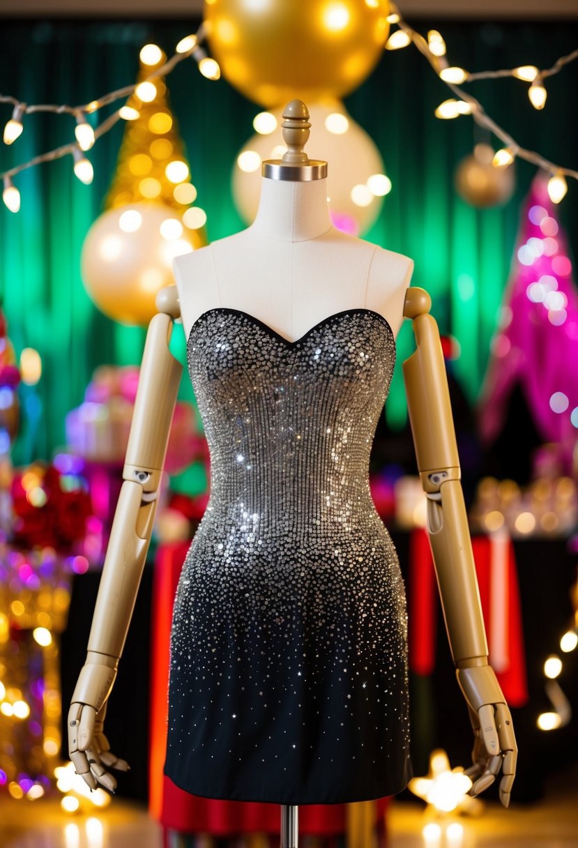 A bold and sparkly mini dress displayed on a mannequin, surrounded by festive party decorations and twinkling lights