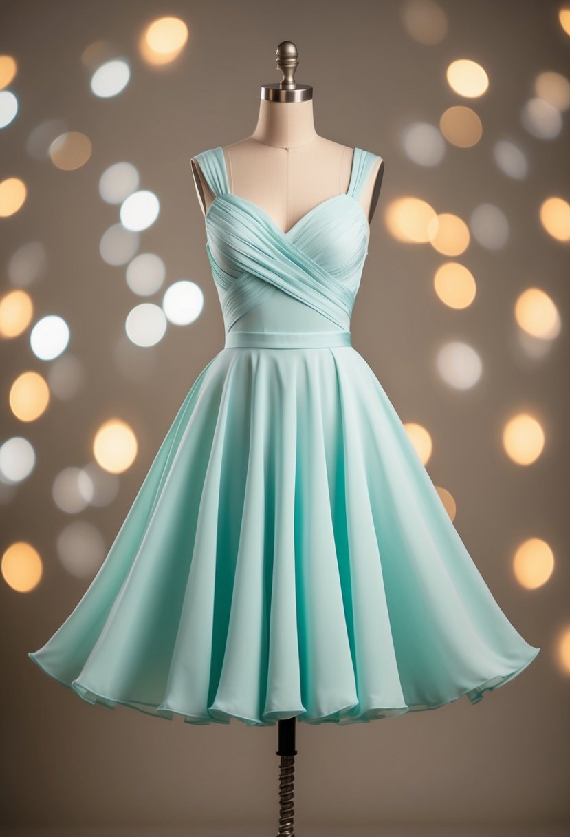 A flowy, knee-length dress in soft pastel tones, with a flattering neckline and a flared skirt, perfect for dancing