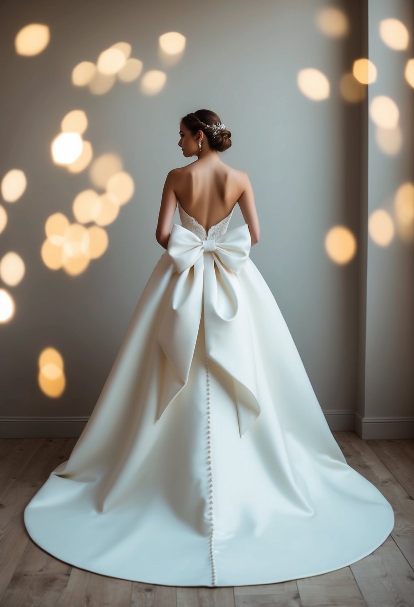 An elegant A-line wedding dress with a dramatic oversized bow cascading down the back