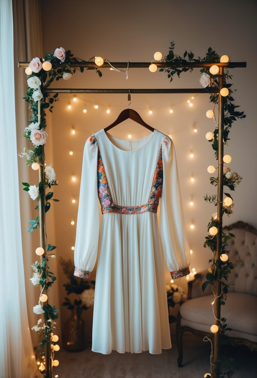 A whimsical sleeve design dress hanging on a vintage coat rack, surrounded by fairy lights and floral decorations