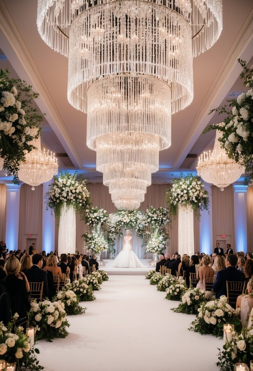 A grand ballroom with cascading crystal chandeliers, opulent floral arrangements, and a runway showcasing extravagant wedding dresses