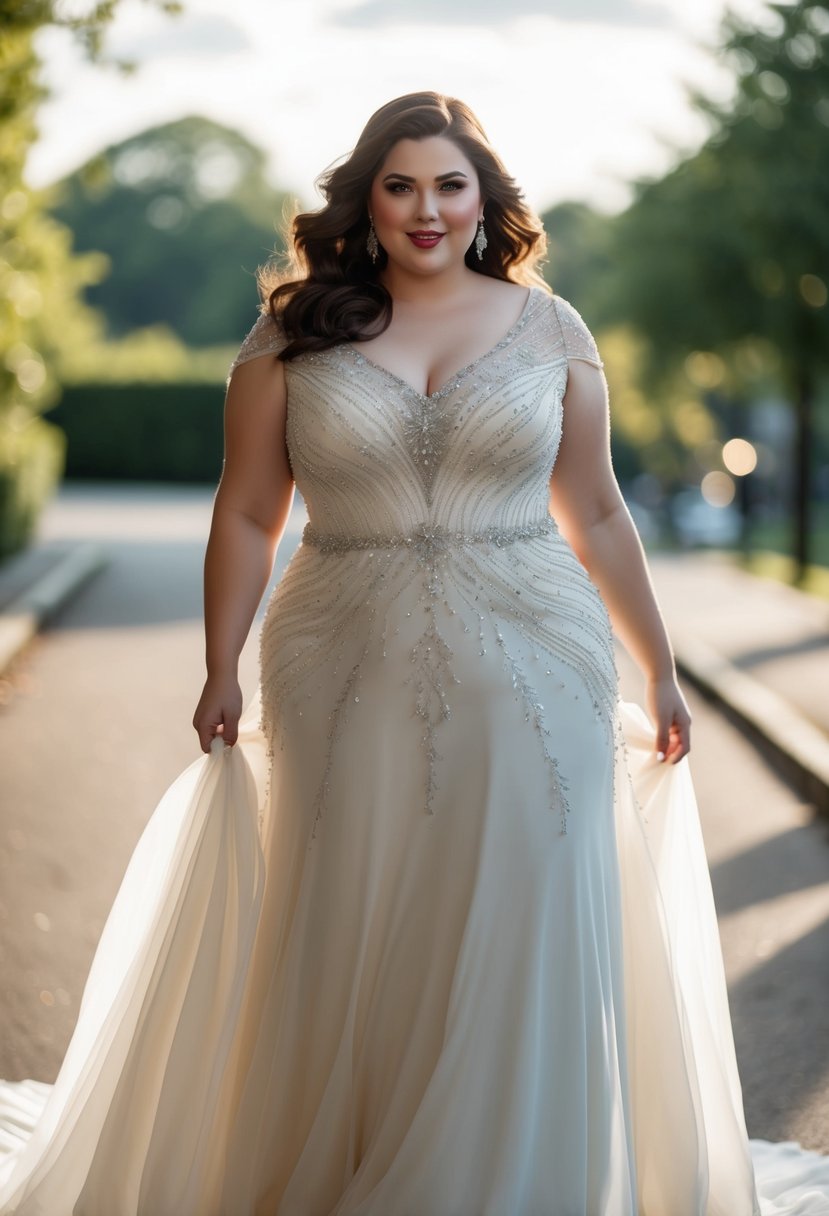 A beaded plus size wedding dress with elegant details and flowing fabric