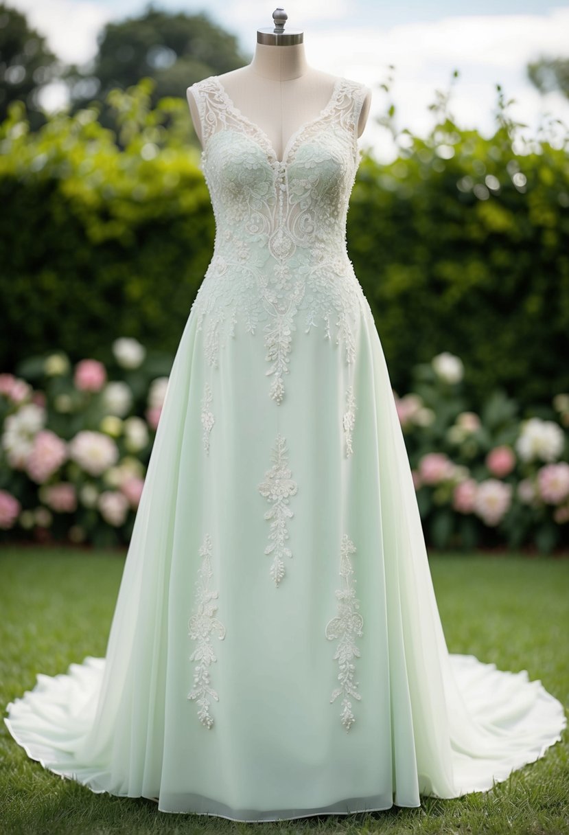 A soft pastel wedding dress adorned with intricate lace and delicate beadwork, set against a backdrop of lush greenery and blooming flowers