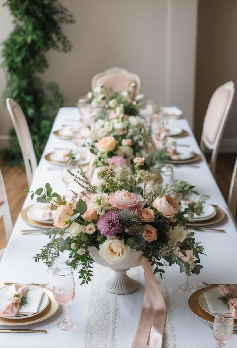 A table with various floral arrangements in pastel colors and greenery, with ribbons and lace accents