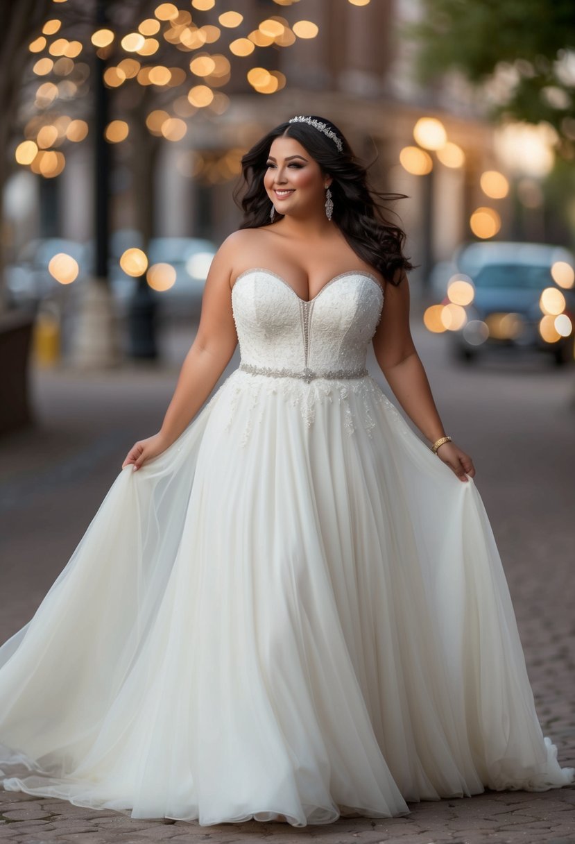 A curvy figure in a flowing wedding dress with a flattering sweetheart neckline, adorned with delicate lace and intricate beading