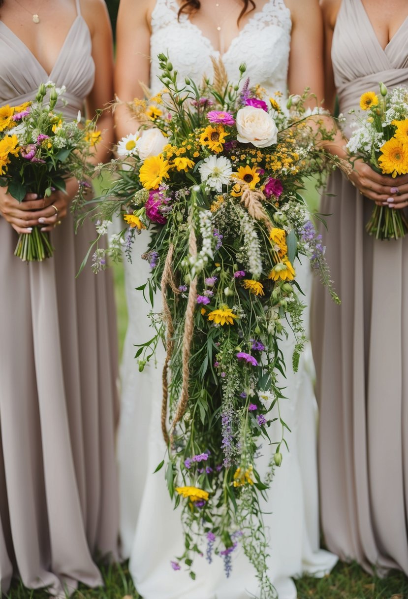 A vibrant cascade of wildflowers spilling from a rustic, twine-wrapped bouquet, perfect for bridesmaids at a countryside wedding