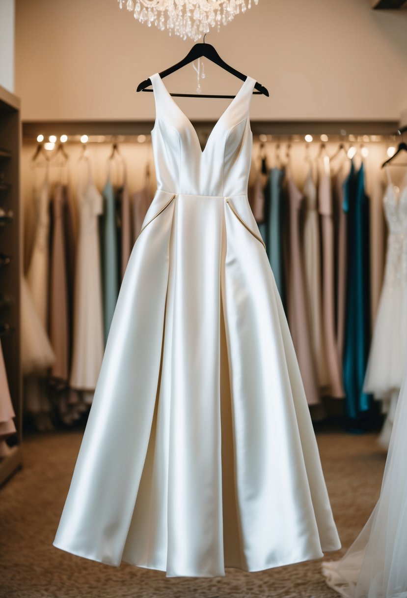 A flowing satin A-line wedding dress with hidden pockets, hanging from a hanger in a softly lit bridal boutique