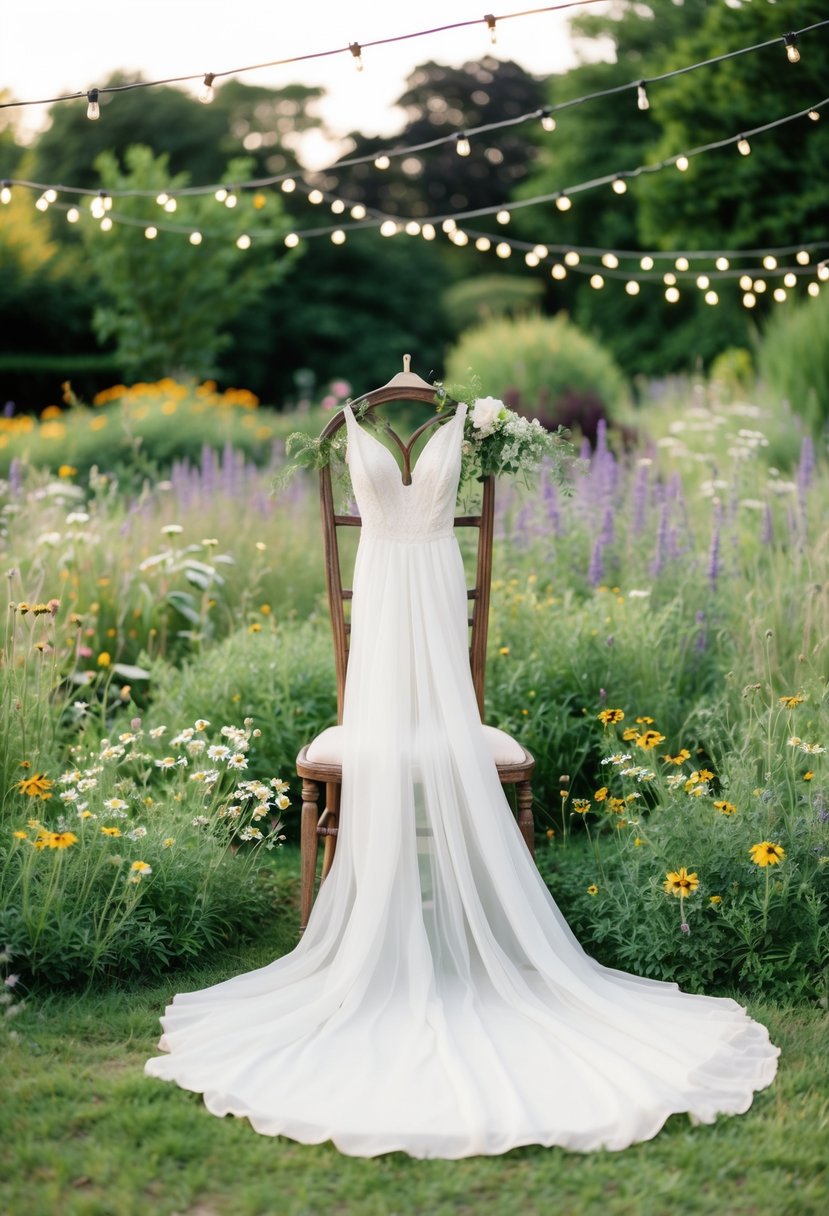 A lush garden setting with a flowing, ethereal wedding dress draped over a vintage wooden chair, surrounded by wildflowers and twinkling fairy lights