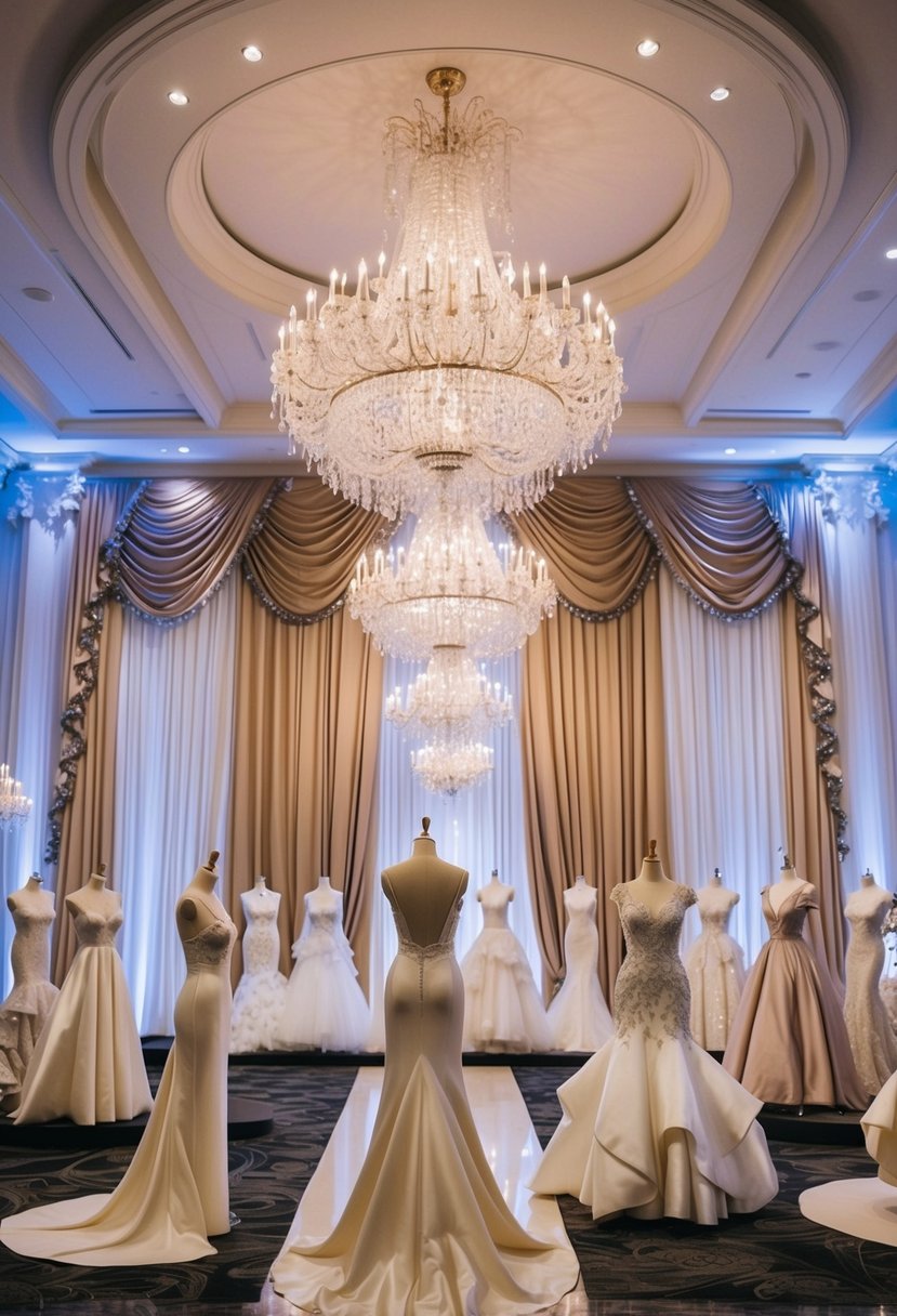 A grand ballroom with cascading silk drapery and sparkling chandeliers, showcasing a collection of opulent wedding dresses on elegant mannequins