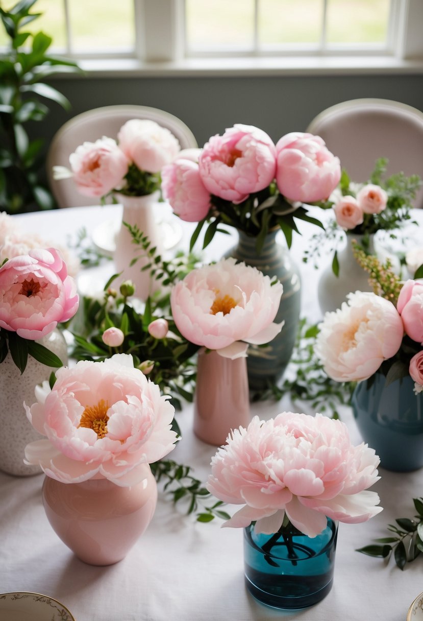 A table with various blush peony arrangements in different vases, surrounded by greenery and other floral elements