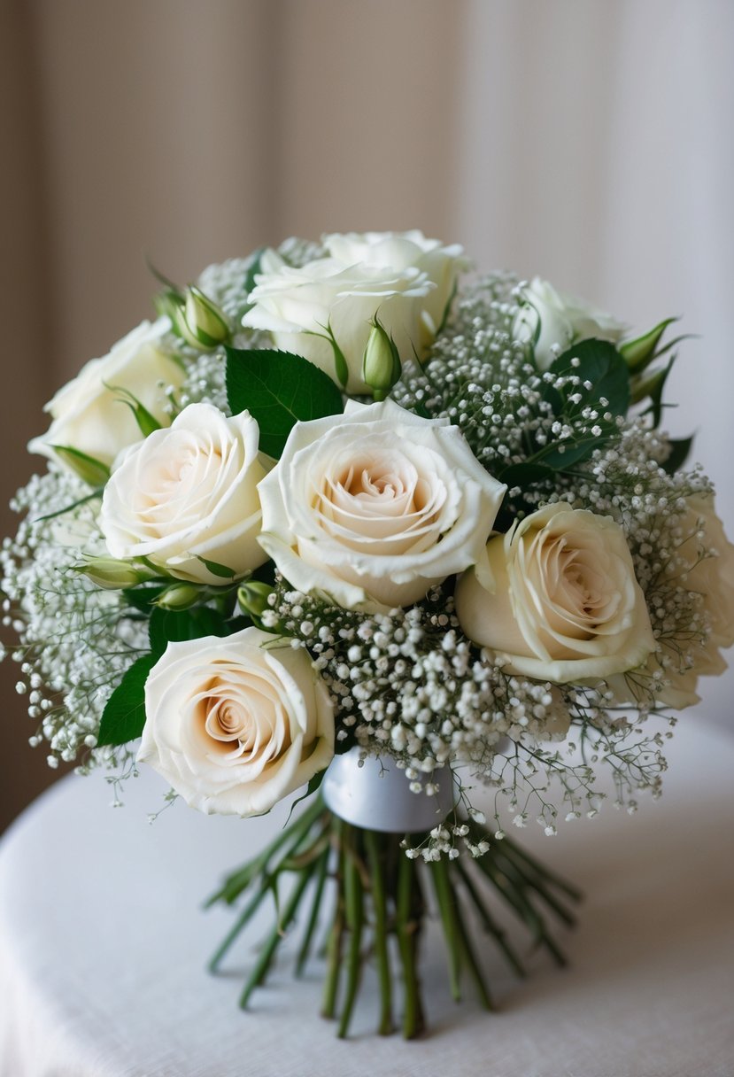 A bouquet of classic roses and baby's breath arranged in a delicate, elegant manner