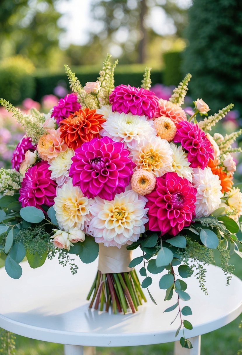 A vibrant dahlia wedding bouquet, featuring a mix of bold and pastel colors, arranged in a cascading style with lush greenery and delicate filler flowers