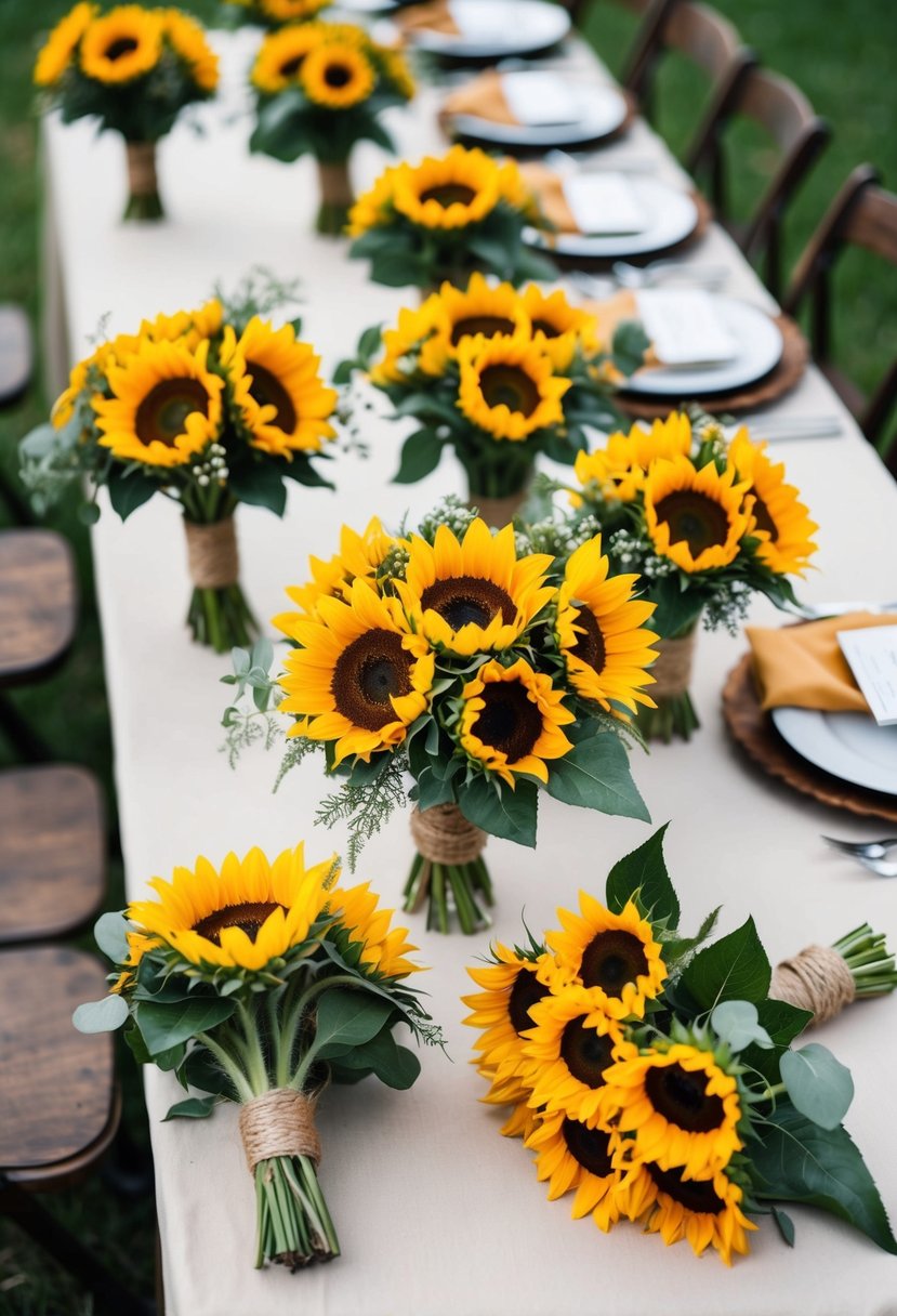 A table adorned with rustic sunflower bouquets, arranged for bridesmaids' wedding bouquet ideas