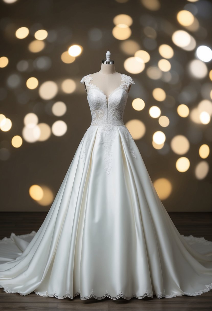 An elegant A-line wedding dress with intricate lace details and a fitted bodice, flowing into a full skirt with a long train