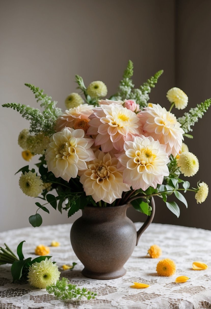 A vintage-inspired dahlia bouquet sits in a rustic vase on a lace-covered table, surrounded by scattered petals and delicate greenery