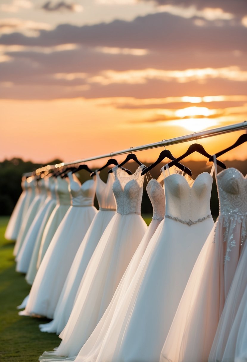 A line of elegant, flowing wedding dresses against a sunset backdrop