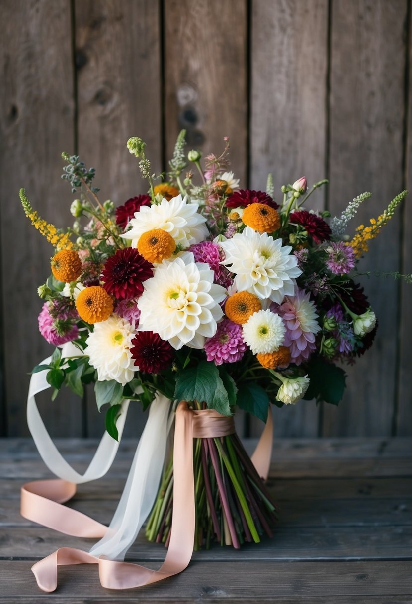 A bohemian-inspired dahlia bouquet with mixed wildflowers and flowing ribbons, set against a rustic wooden backdrop