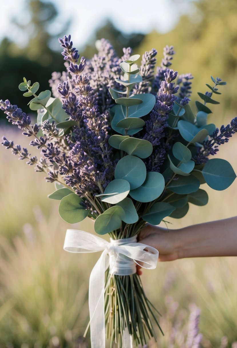 A bouquet of lavender and eucalyptus tied with a delicate ribbon