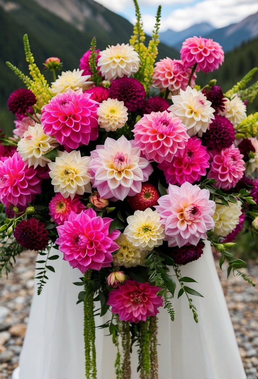 A vibrant mix of Mountain Wedding Dahlia blooms arranged in a cascading wedding bouquet