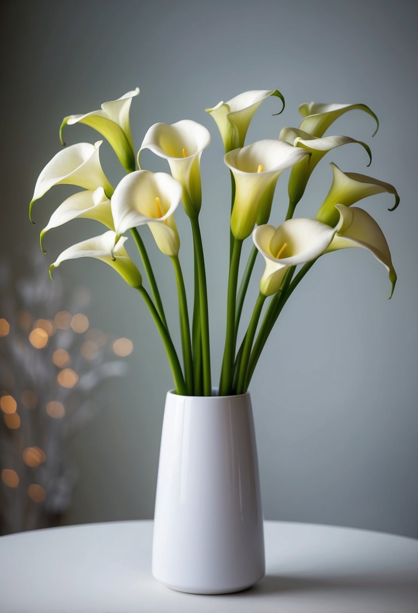 A simple bouquet of calla lilies in a clean, modern vase