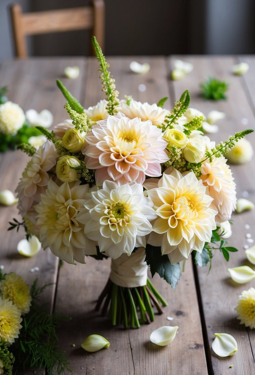 A pastel dahlia and cream arrangement wedding bouquet sits on a rustic wooden table, surrounded by scattered petals and greenery