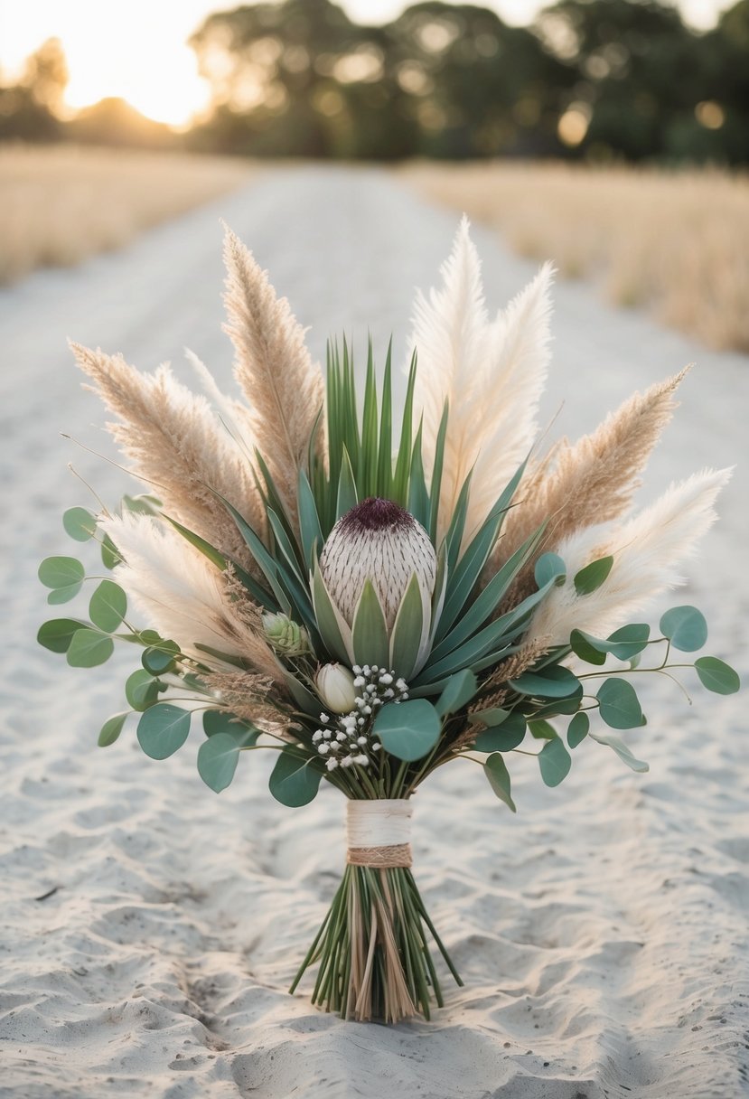 A rustic wedding bouquet featuring pampas grass and protea, with a bohemian vibe