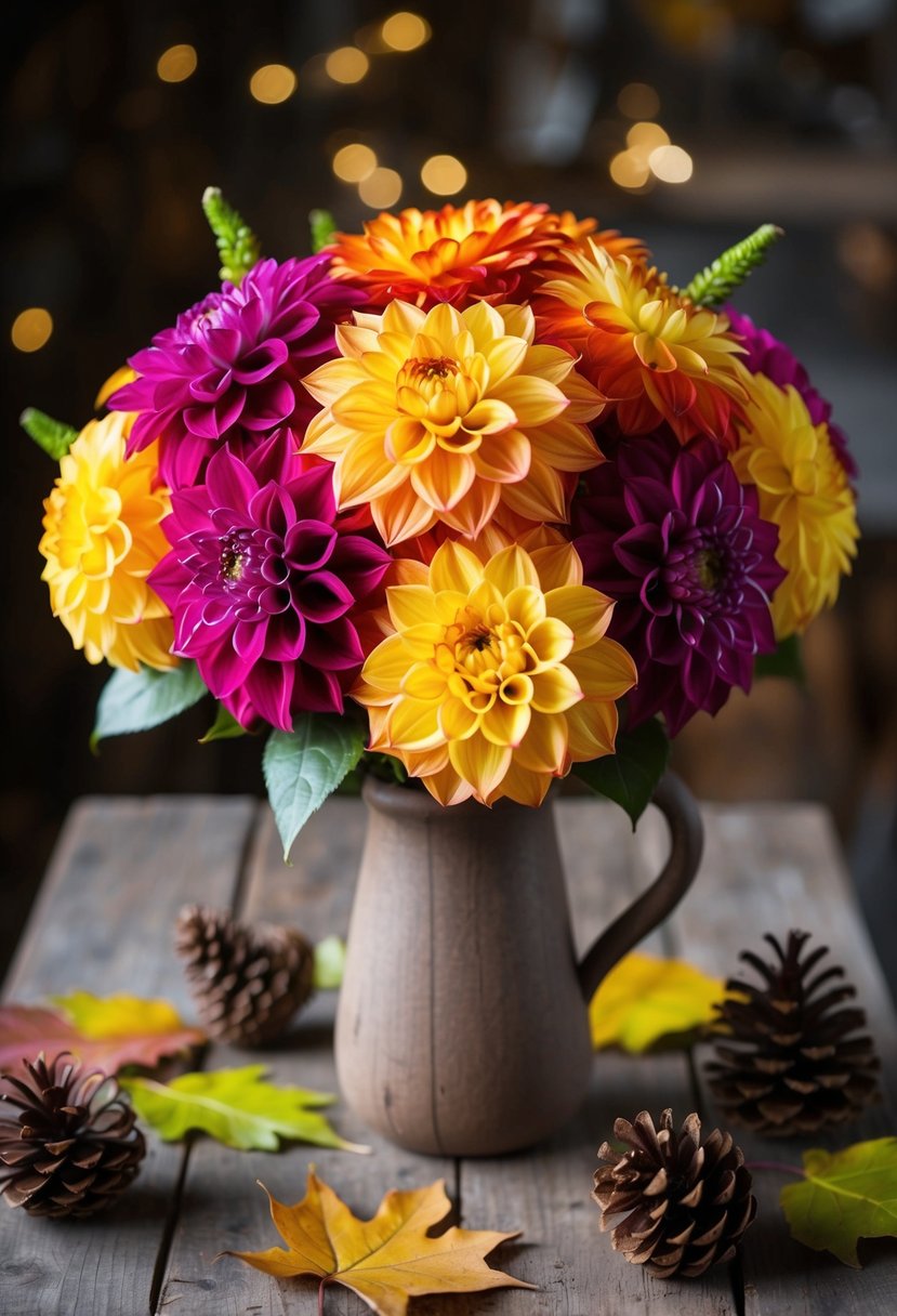 A vibrant bouquet of fall dahlia flowers, arranged in a rustic, wooden vase, with scattered leaves and pinecones around it