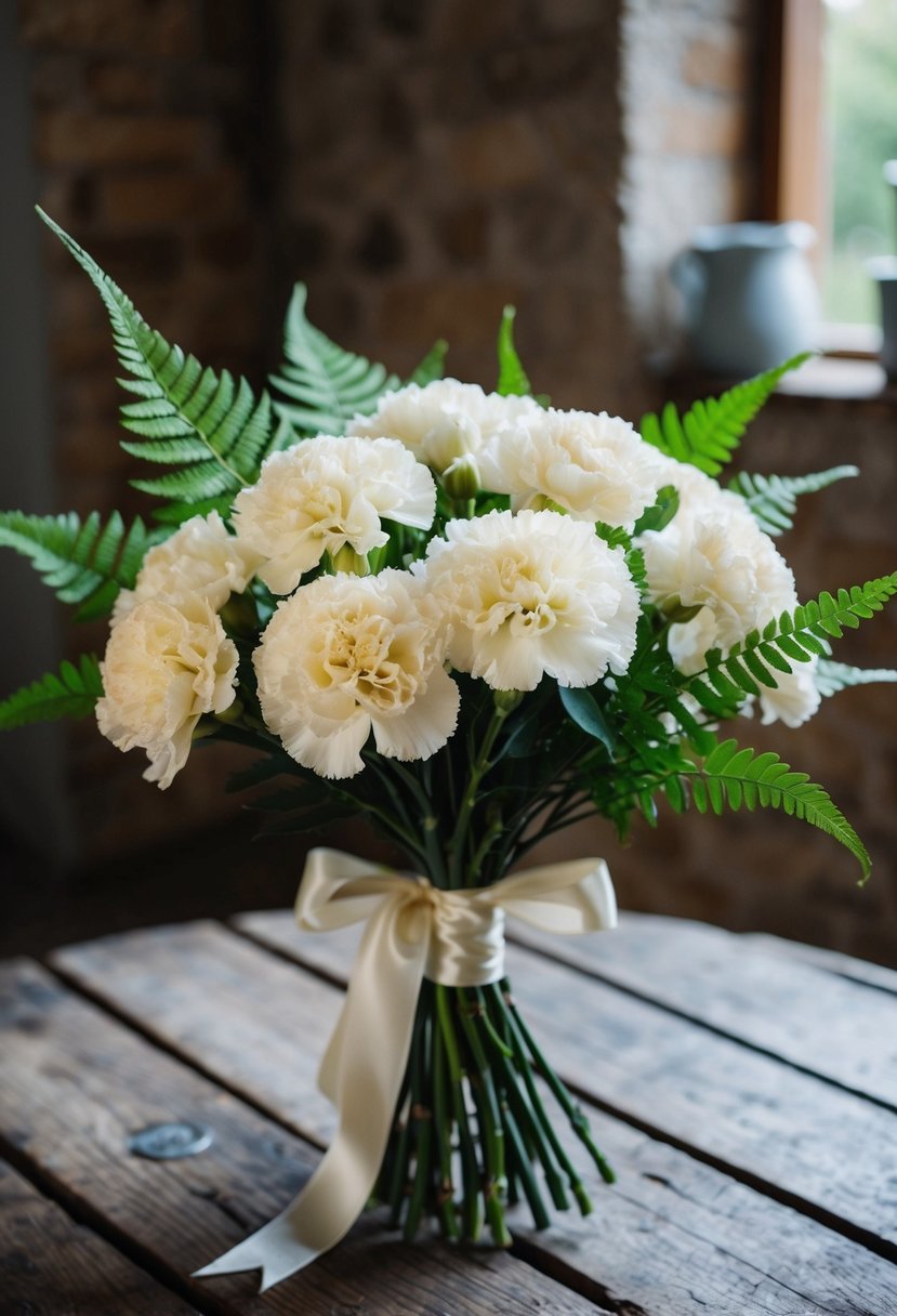 A bouquet of vintage carnations and fern, tied with a satin ribbon, sits on a rustic wooden table