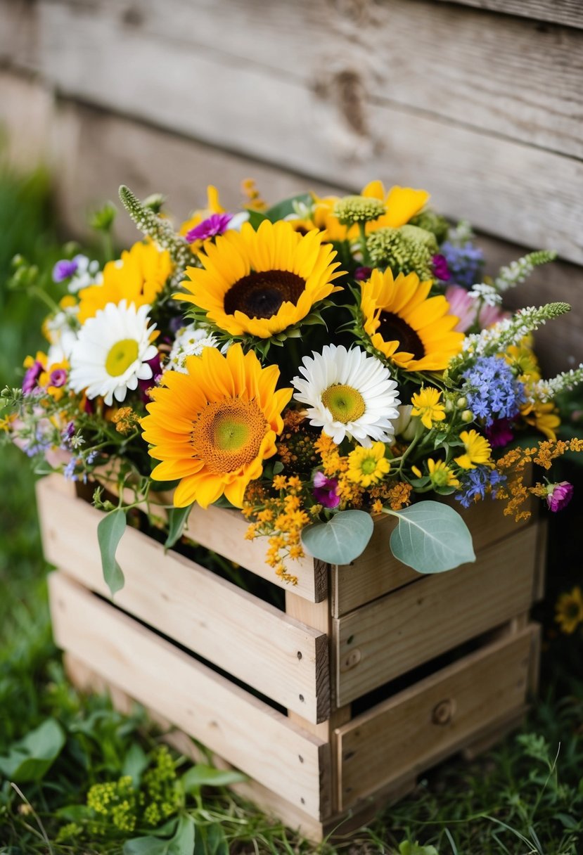 A wooden crate filled with colorful garden flowers, including daisies, sunflowers, and wildflowers, arranged in a rustic and fresh style for bridesmaids' wedding bouquet ideas