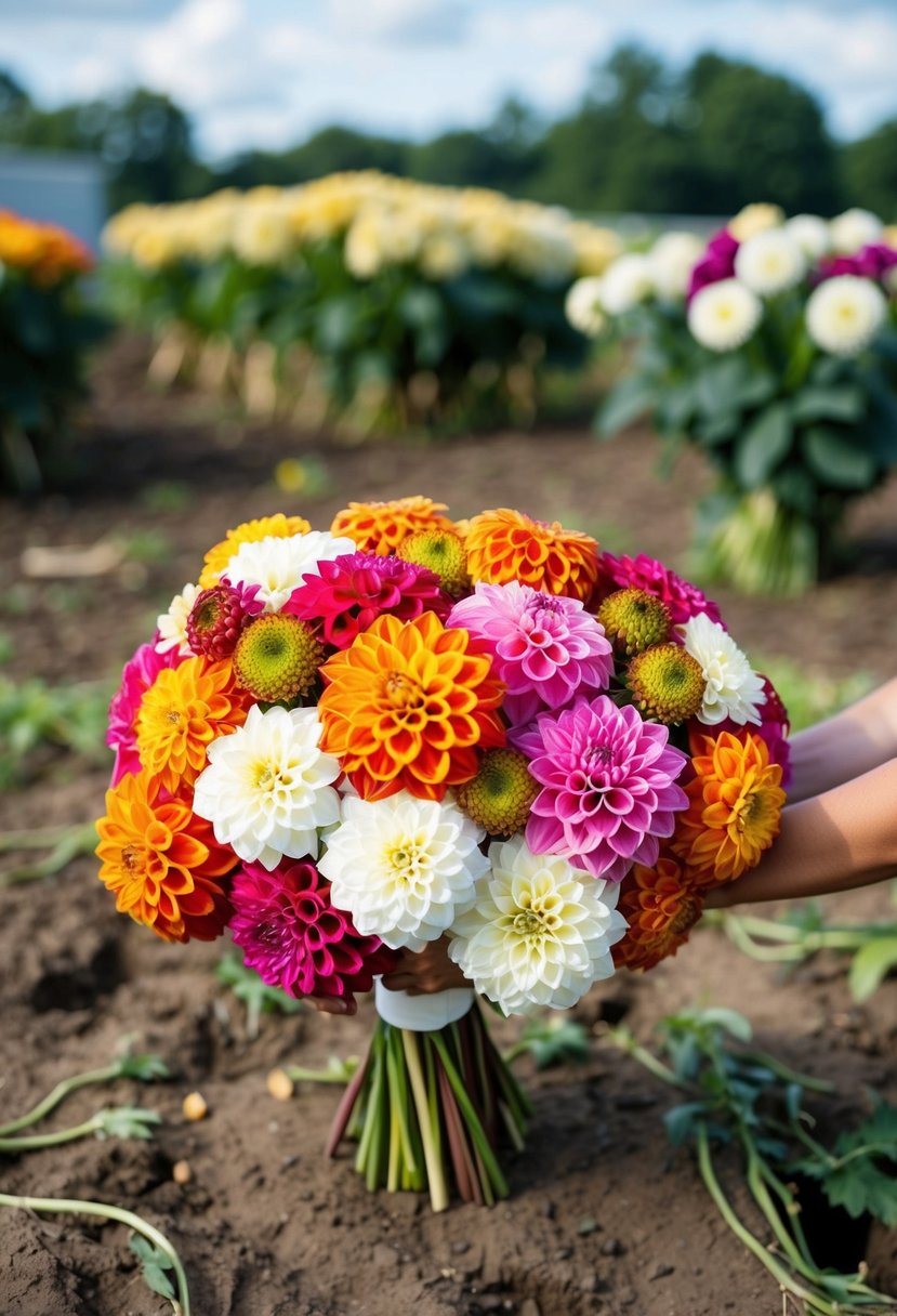 A rustic farm setting with a variety of dahlia flowers being harvested and arranged into a colorful wedding bouquet