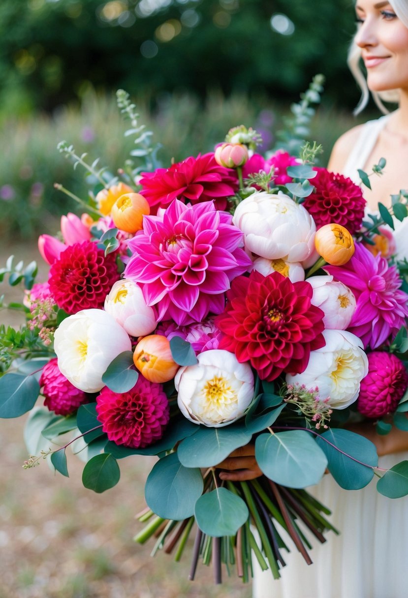 A vibrant bouquet of dahlias, peonies, and eucalyptus, arranged in a loose and natural style, with a mix of bold and soft colors