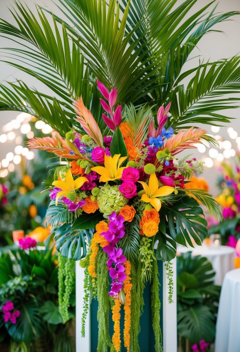 A vibrant mix of tropical palms and colorful florals arranged in a lush, cascading bouquet