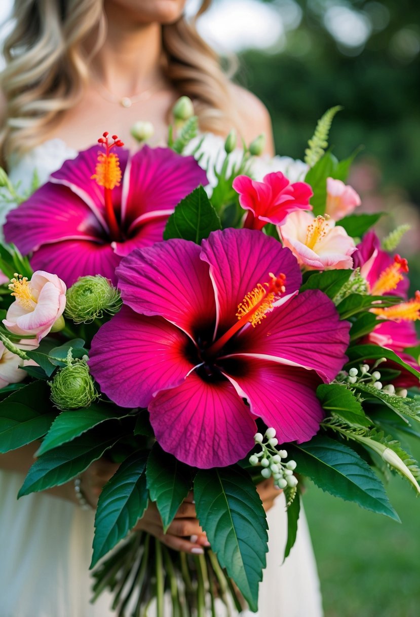 A vibrant hibiscus wedding bouquet with lush greenery and delicate blooms