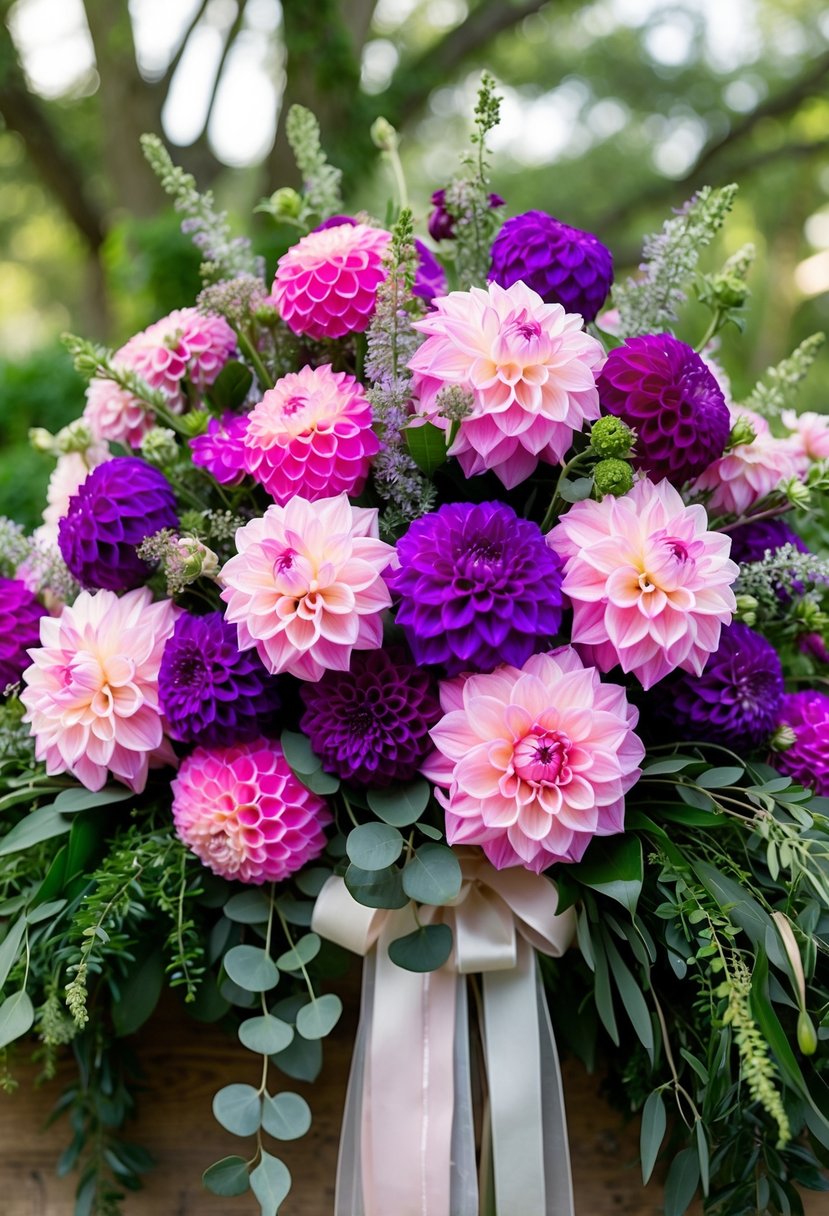 A lush bouquet of pink and purple dahlias arranged in a cascading style with greenery and delicate ribbon