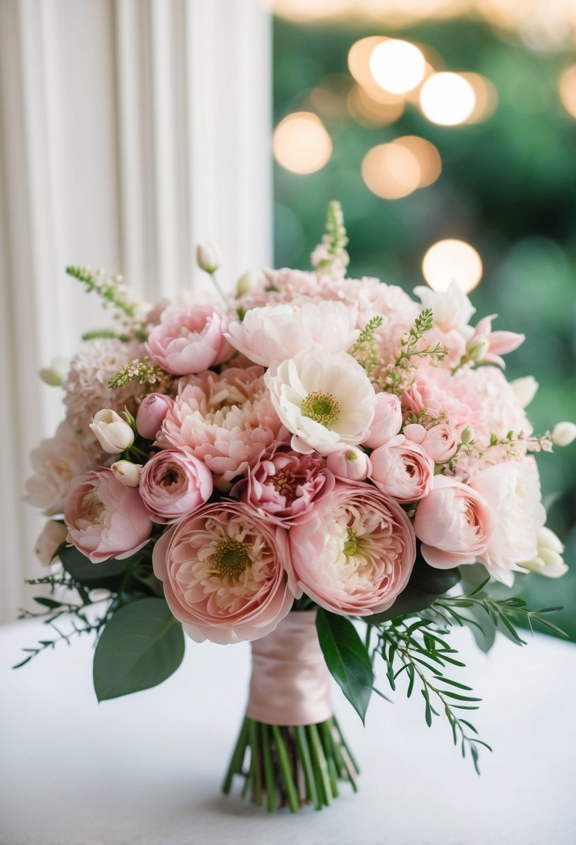 A delicate arrangement of blush pink blooms in a classic wedding bouquet