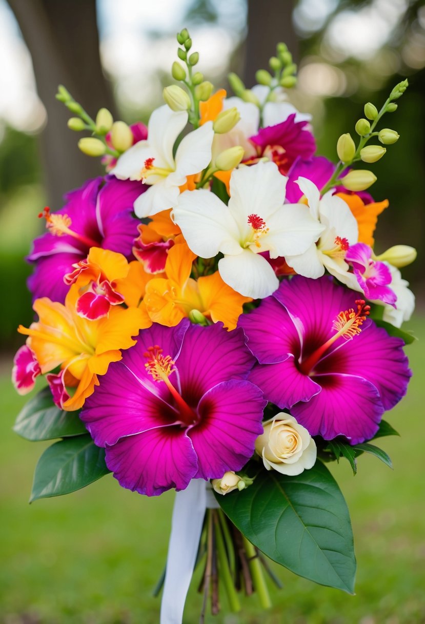 A colorful mix of vibrant hibiscus and delicate orchids arranged in a wedding bouquet