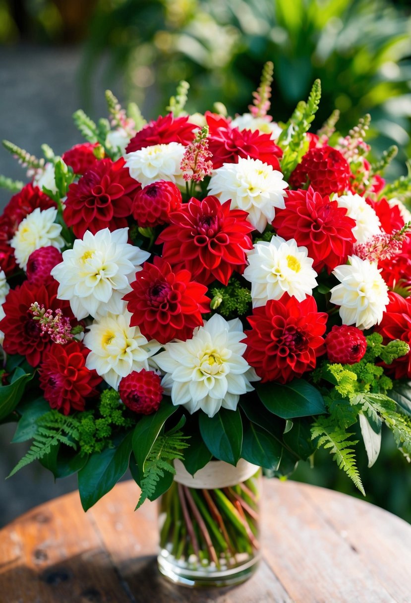 A vibrant bouquet of red and white dahlias arranged in a traditional style, with lush green foliage and delicate filler flowers