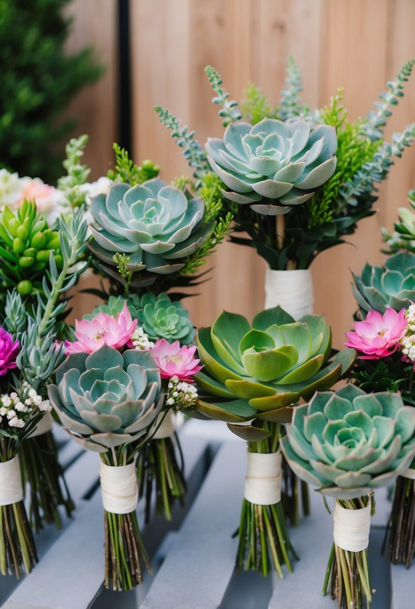 A collection of modern succulent bouquets arranged in varying sizes and colors, with delicate greenery and vibrant blooms, perfect for bridesmaids' wedding bouquets