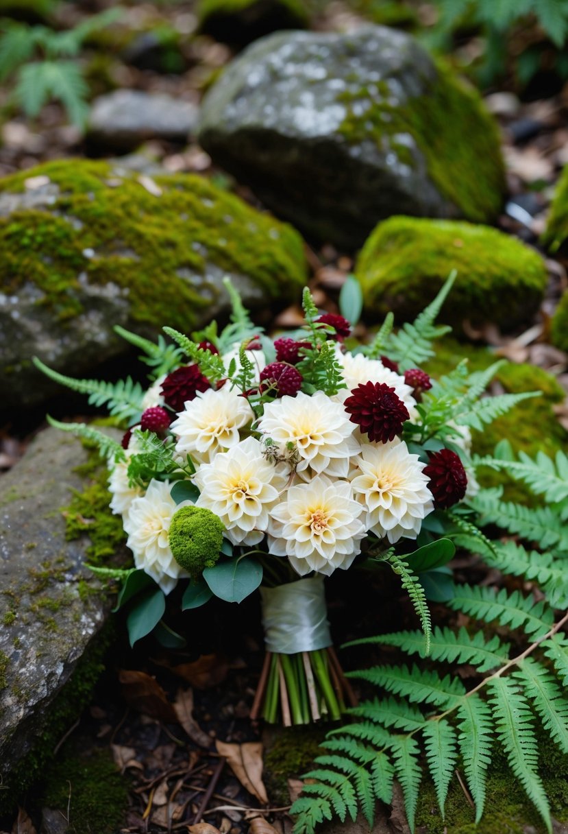 A rustic woodland dahlia wedding bouquet nestled among mossy rocks and ferns