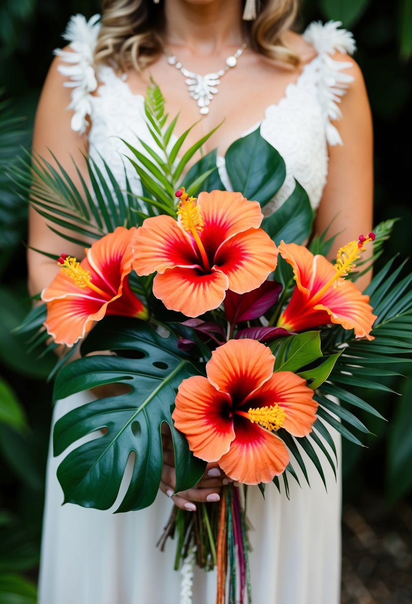 A vibrant hibiscus and monstera arrangement in a rustic, bohemian wedding bouquet