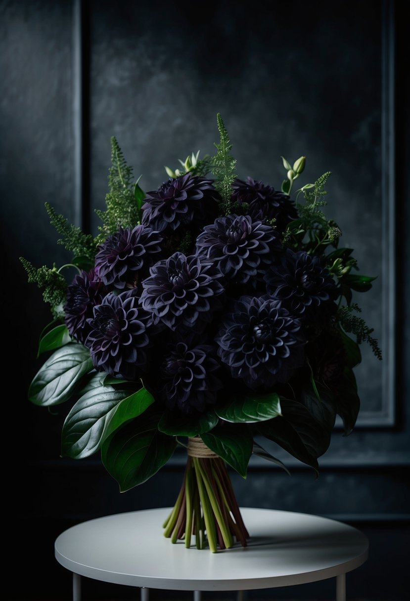 A lush, moody bouquet of dark dahlia blooms, accented by deep green foliage, set against a dramatic, shadowy background