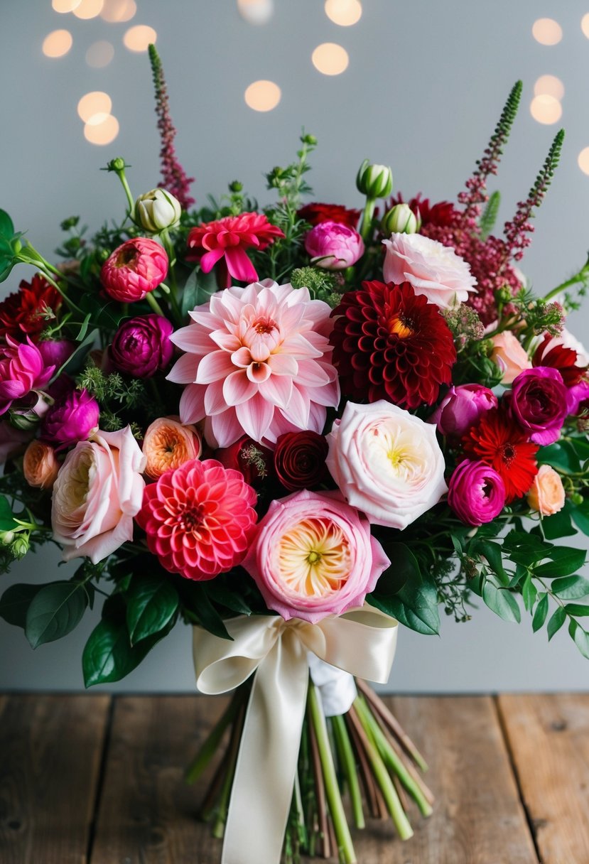 A lush bouquet of dahlias, roses, and ranunculus in various shades of pink and red, accented with greenery and tied with a satin ribbon