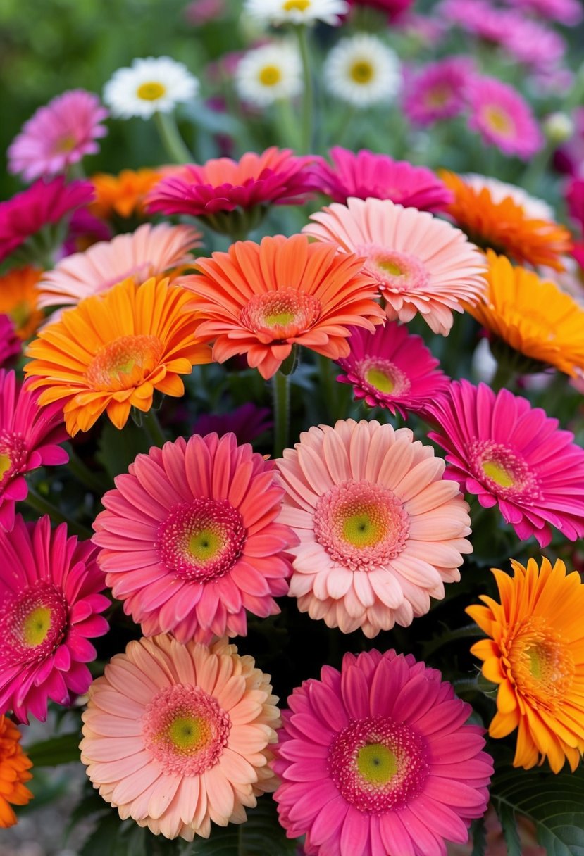 A vibrant array of Gerbera daisies in shades of pink, orange, and yellow, arranged in a lush bouquet