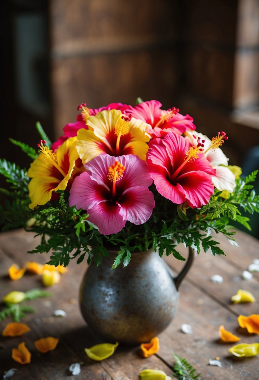 A colorful hand-tied hibiscus bouquet nestled in a rustic vase on a wooden table, surrounded by scattered petals and greenery