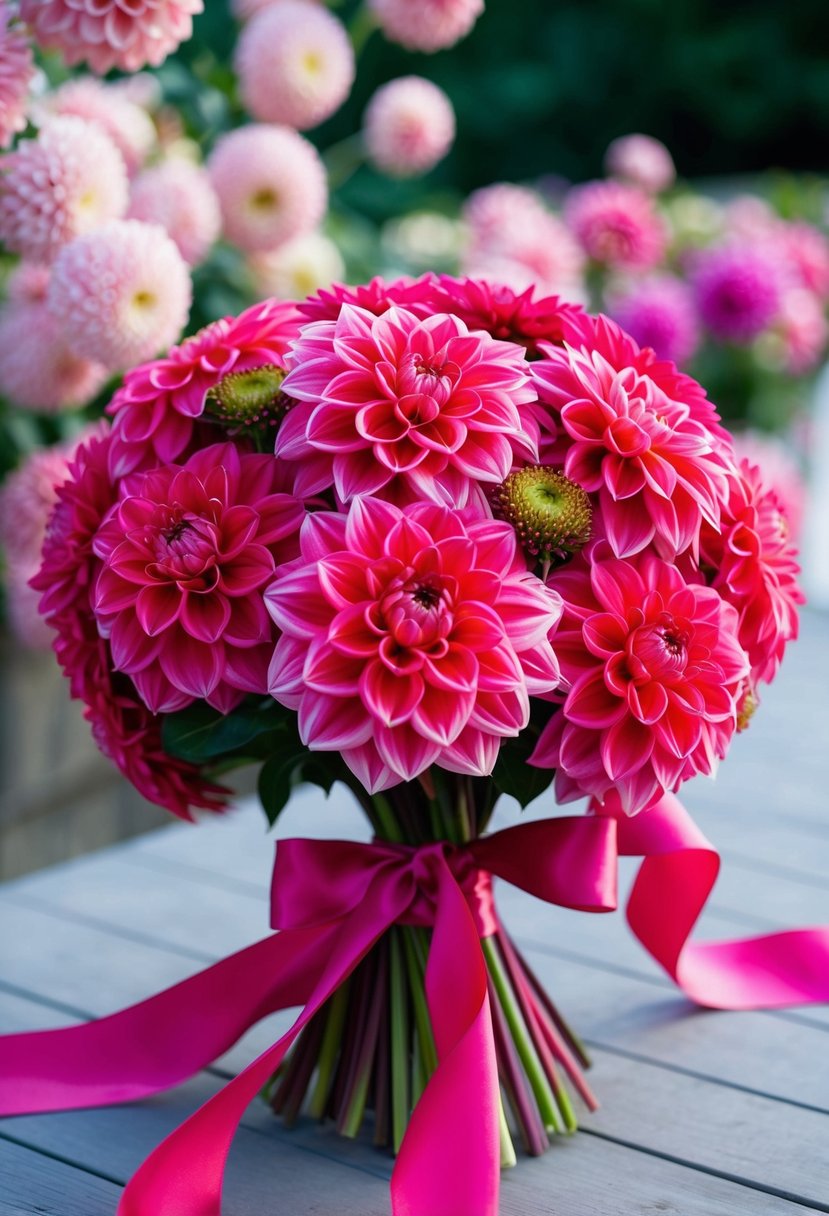 A stunning bouquet of vibrant dahlia flowers, tied together with flowing silk ribbons in a graceful and elegant display