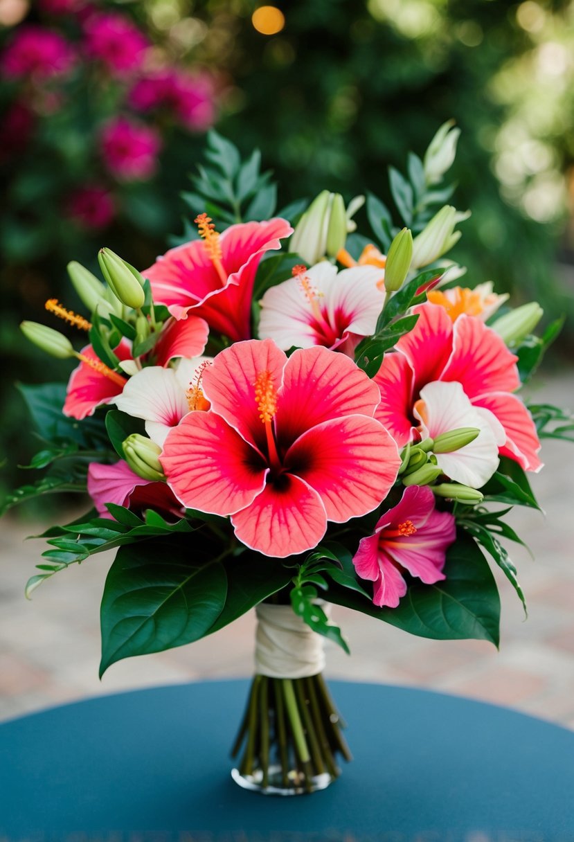 A vibrant hibiscus and anthurium cocktail wedding bouquet with lush green foliage and delicate blooms