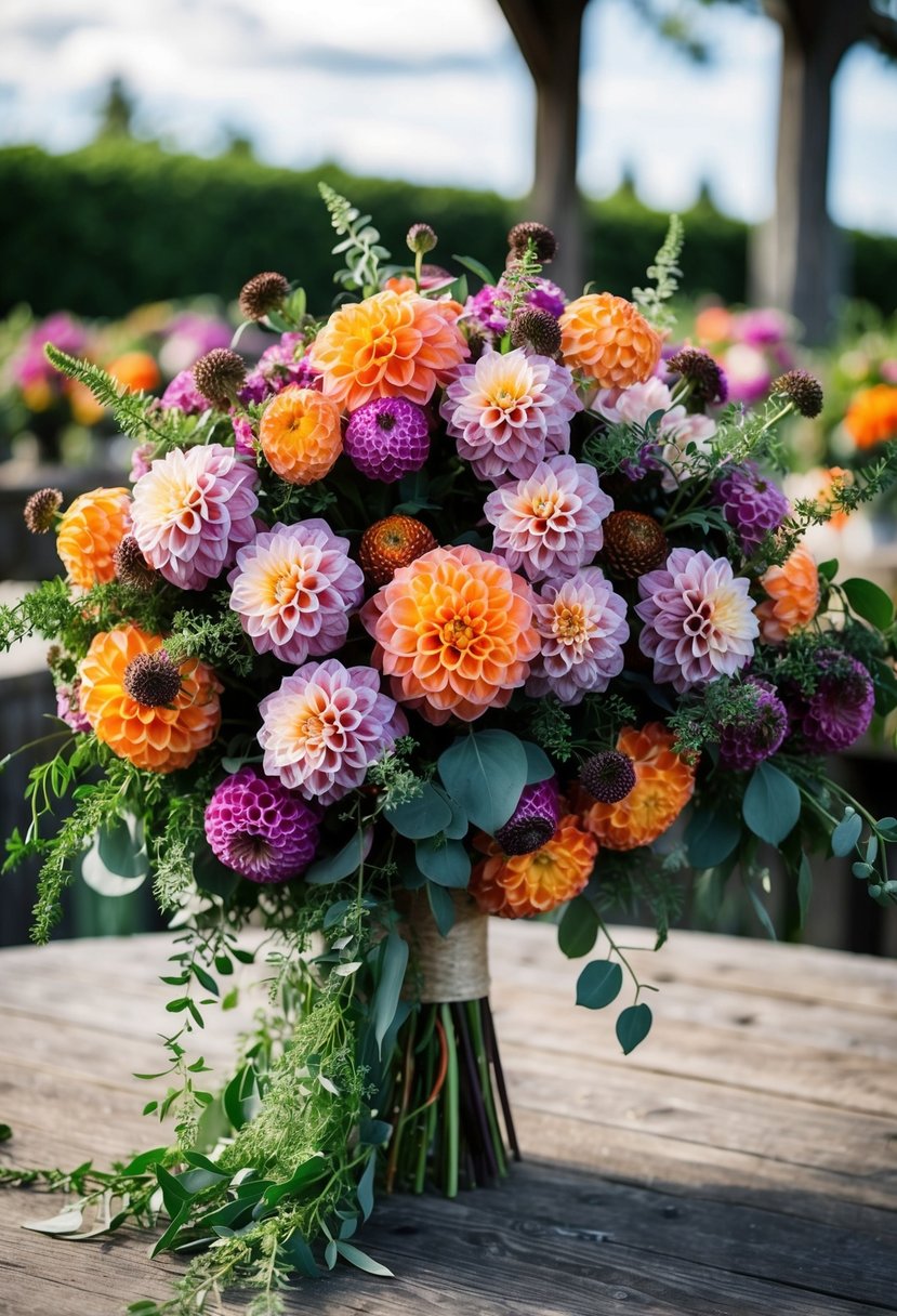 A cascading bouquet of mauve and orange dahlias, accented with greenery, sits on a rustic wooden table