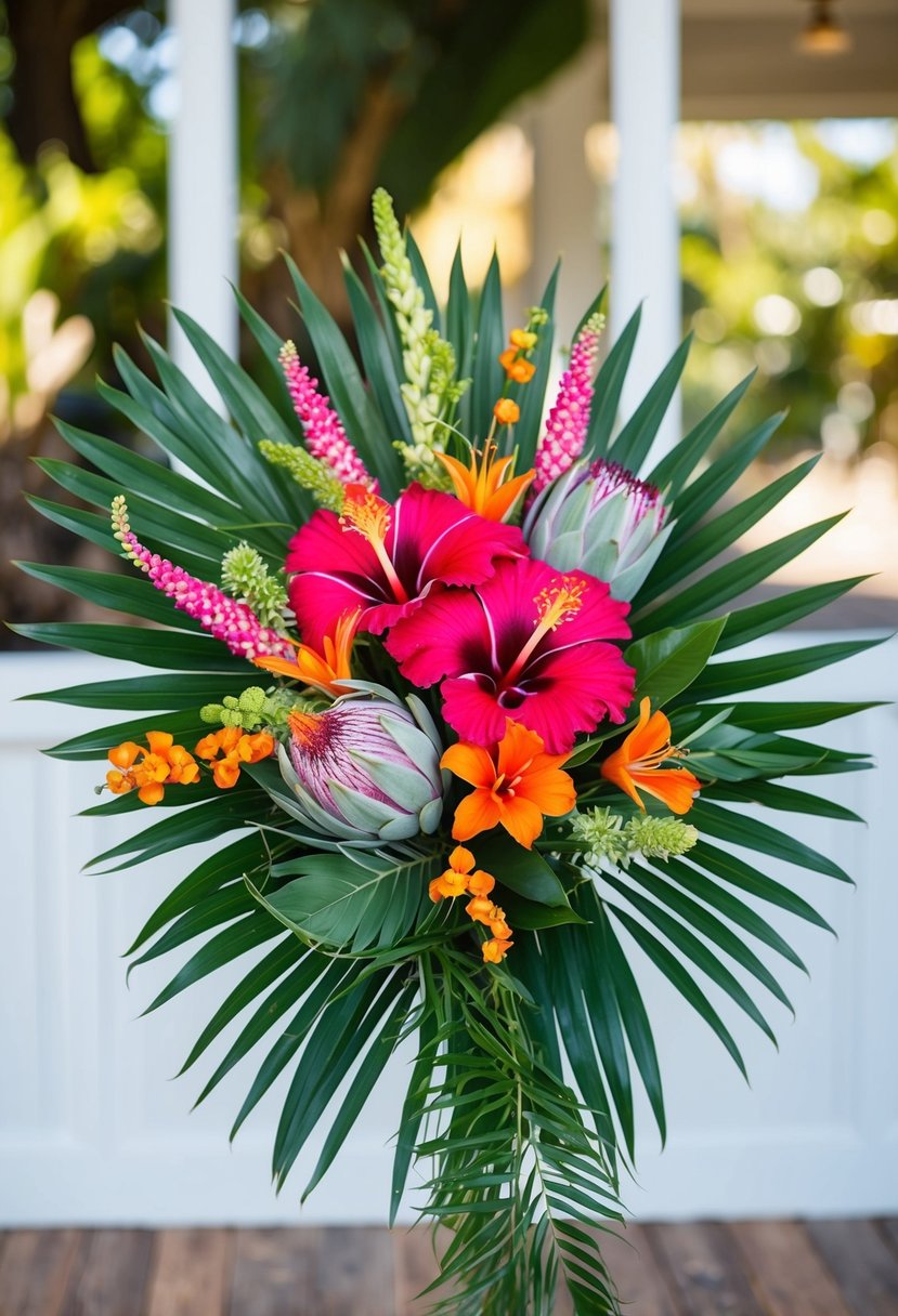 A vibrant bouquet featuring hibiscus, protea, and palm leaves, arranged in a cascading style with a mix of bold and delicate blooms