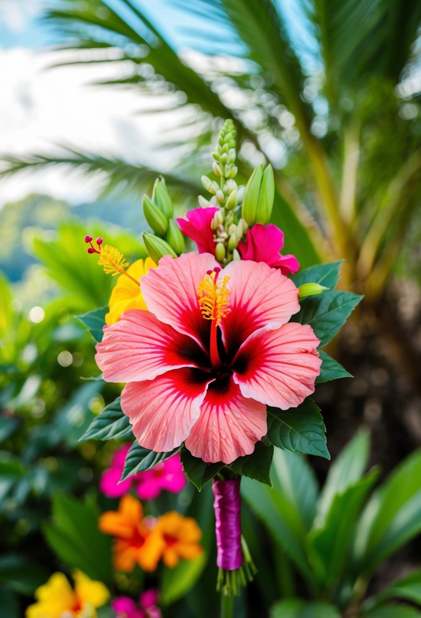 A vibrant hibiscus boutonnière and bouquet set against a tropical backdrop with lush greenery and colorful blooms